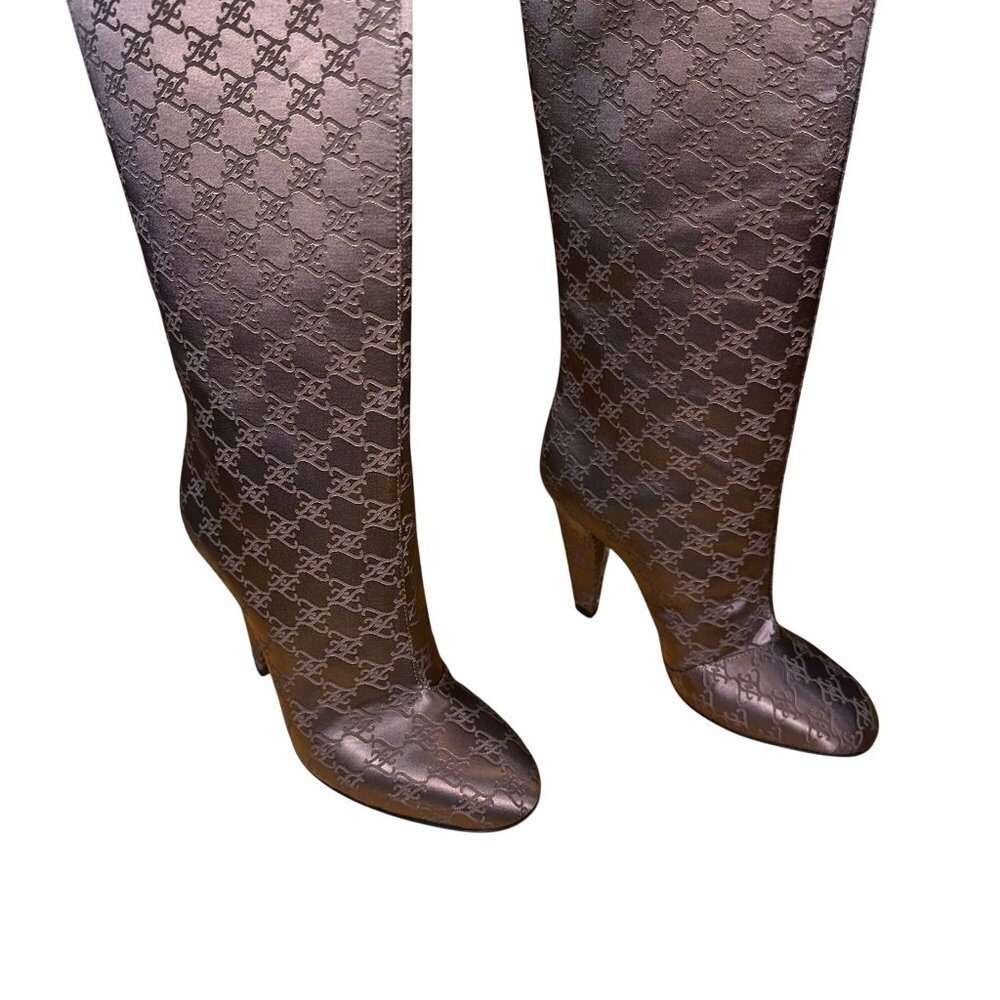Fendi FF Karligraphy Accent Brown Satin Heeled Boots Knee High Womens Size 36